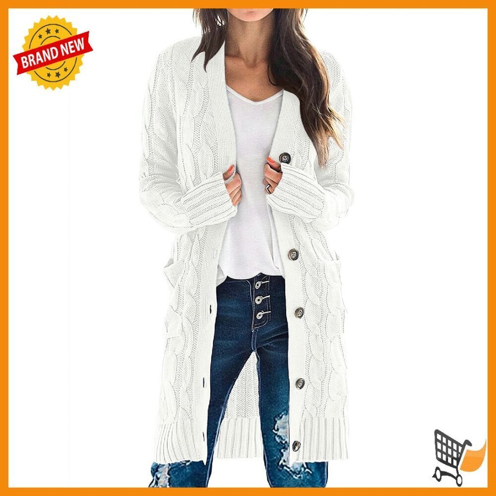 Long Sleeve Cable Knit Cardigan Sweater, Loose Fit, Knee Length, Pockets